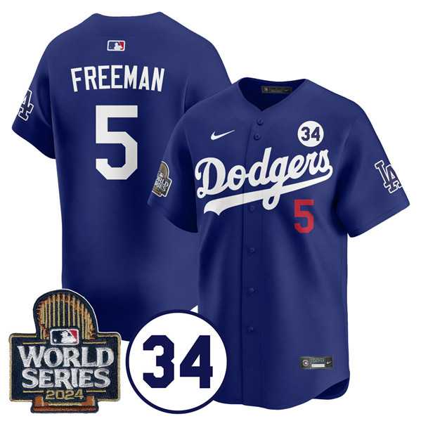 Mens Los Angeles Dodgers #5 Freddie Freeman Royal 2024 World Series With No. 34 Patch Cool Base Stitched Jersey Dzhi